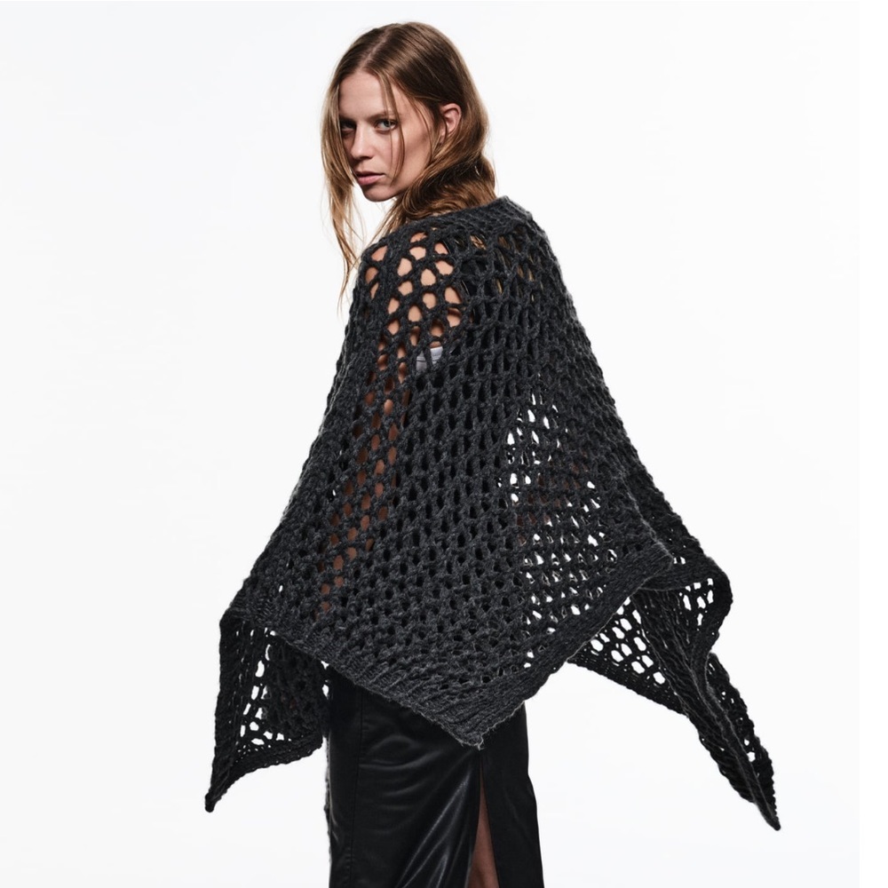 Charcoal Open-Knit Poncho Shawl - Women Jackets & Coats